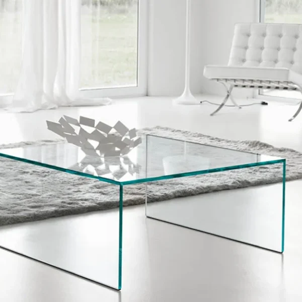 Eden Low Table by Tonelli Design with transparent glass bridge structure, displayed in Royal Oak, Michigan.