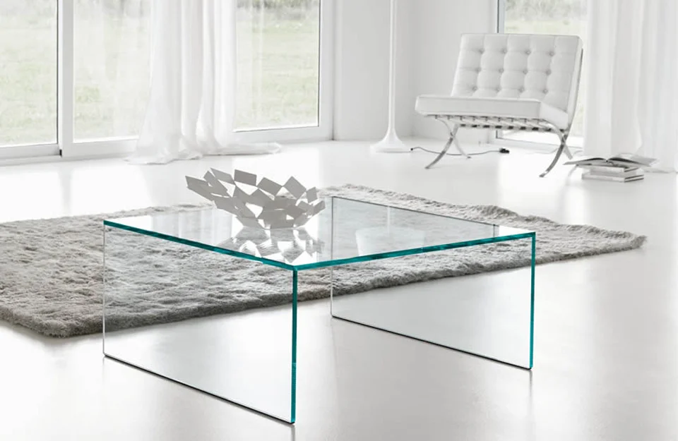 Eden Low Table by Tonelli Design with transparent glass bridge structure, displayed in Royal Oak, Michigan.