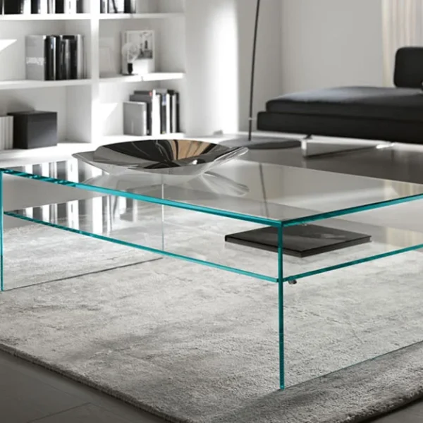 Fratina 2 Low Table by Tonelli Design featuring a transparent glass top and undershelf, displayed in Royal Oak, Michigan.