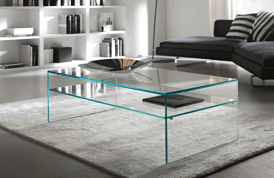Fratina 2 Low Table by Tonelli Design featuring a transparent glass top and undershelf, displayed in Royal Oak, Michigan.
