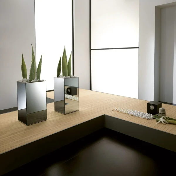 Modern Italian mirrored glass planter Lingo by Tonelli Design, featuring a wooden core with smoked mirror panels and stainless steel frame, available in Royal Oak, Michigan.