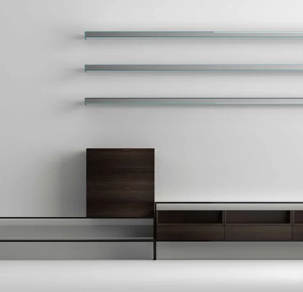 Modern Italian modular TV stand WG System by Tonelli Design, featuring glass and wood elements with optional mirrored shelves, available in Royal Oak, Michigan.