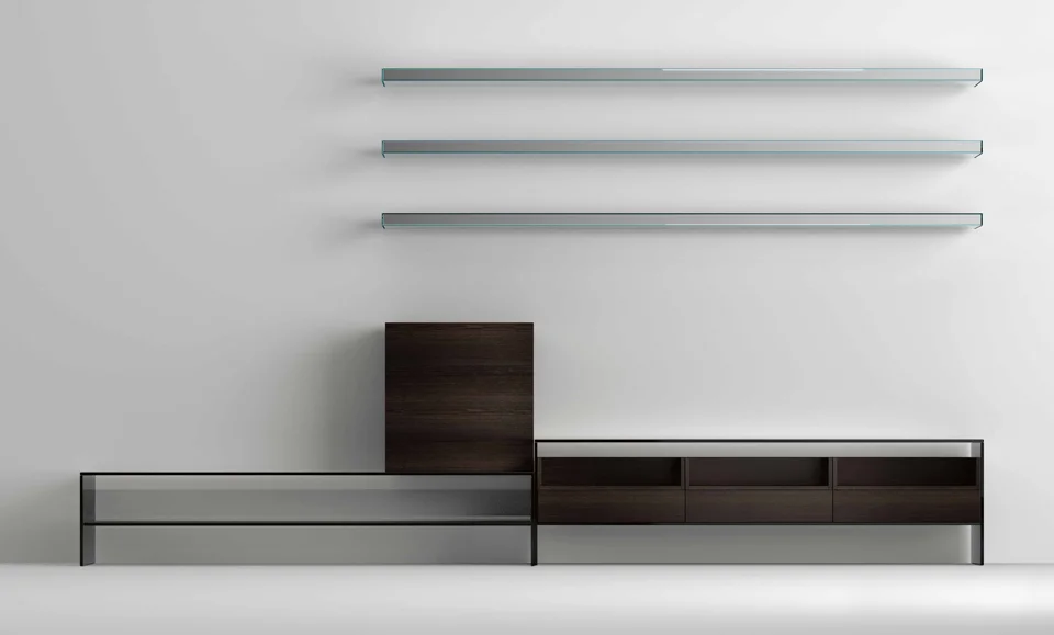 Modern Italian modular TV stand WG System by Tonelli Design, featuring glass and wood elements with optional mirrored shelves, available in Royal Oak, Michigan.