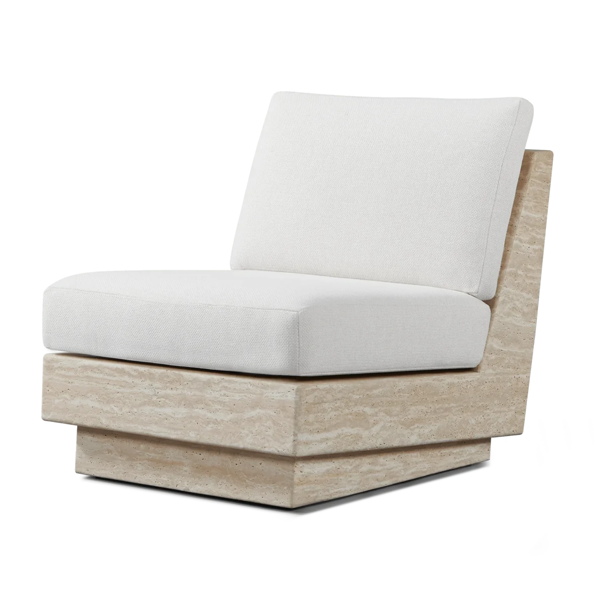 “Outdoor armless chair by Harbour – Tulum collection with travertine finish and deep padded cushions”