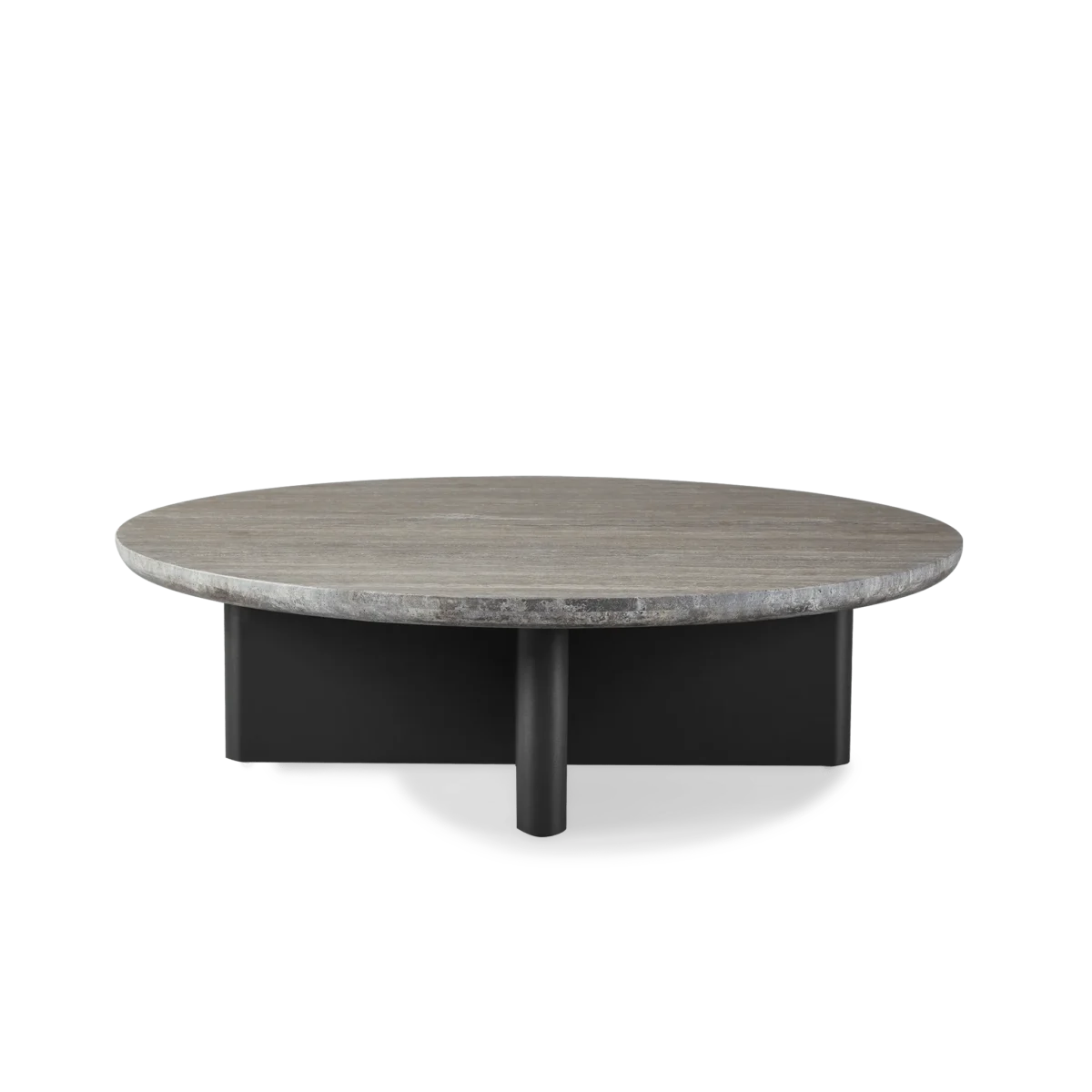 “Close-up of Victoria Round Stone Coffee Table – premium stone finish with clean, sculptural aluminum base”