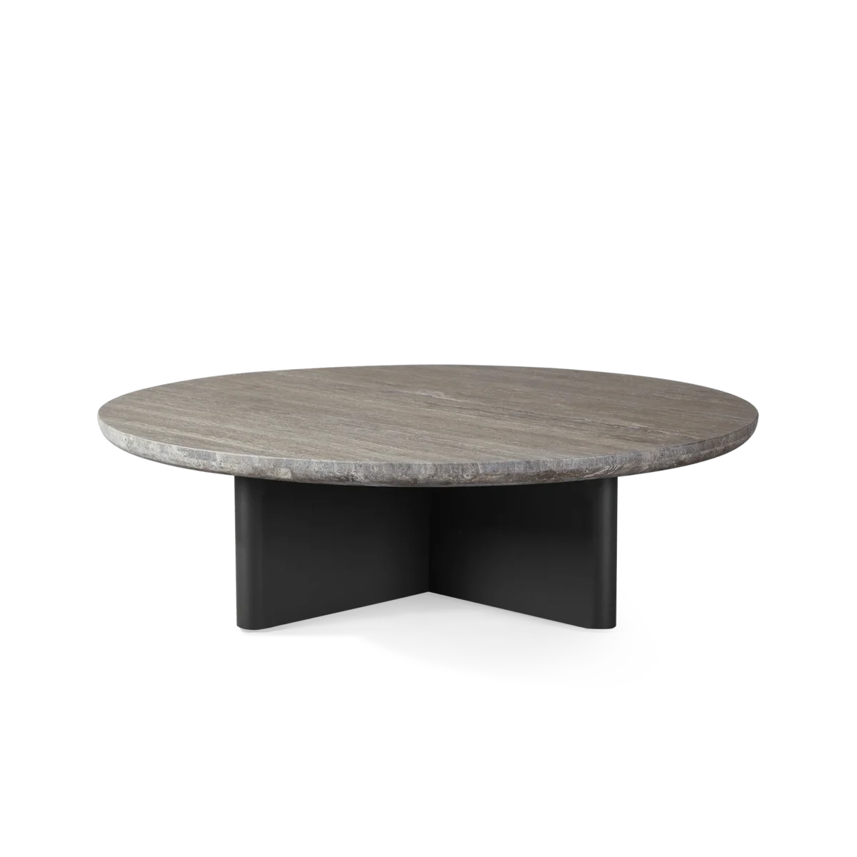 “Victoria Round Coffee Table by Harbour – powder-coated aluminum frame with natural stone top in modern silhouette”