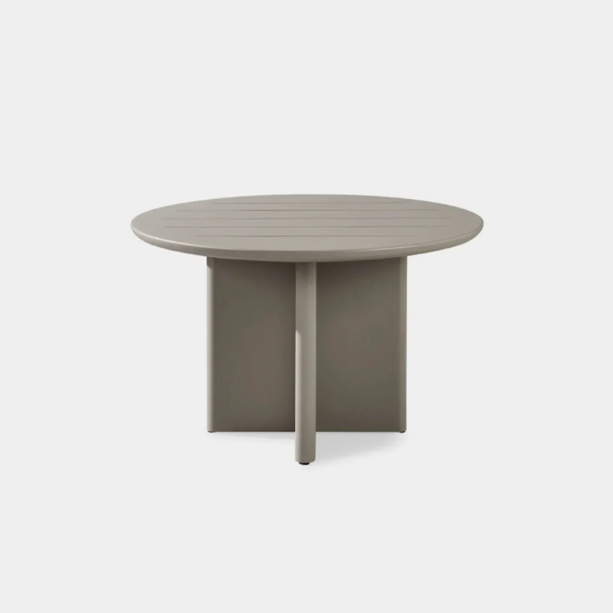 “Side angle of Victoria round aluminum table – minimalist outdoor design in durable powder-coated finish”