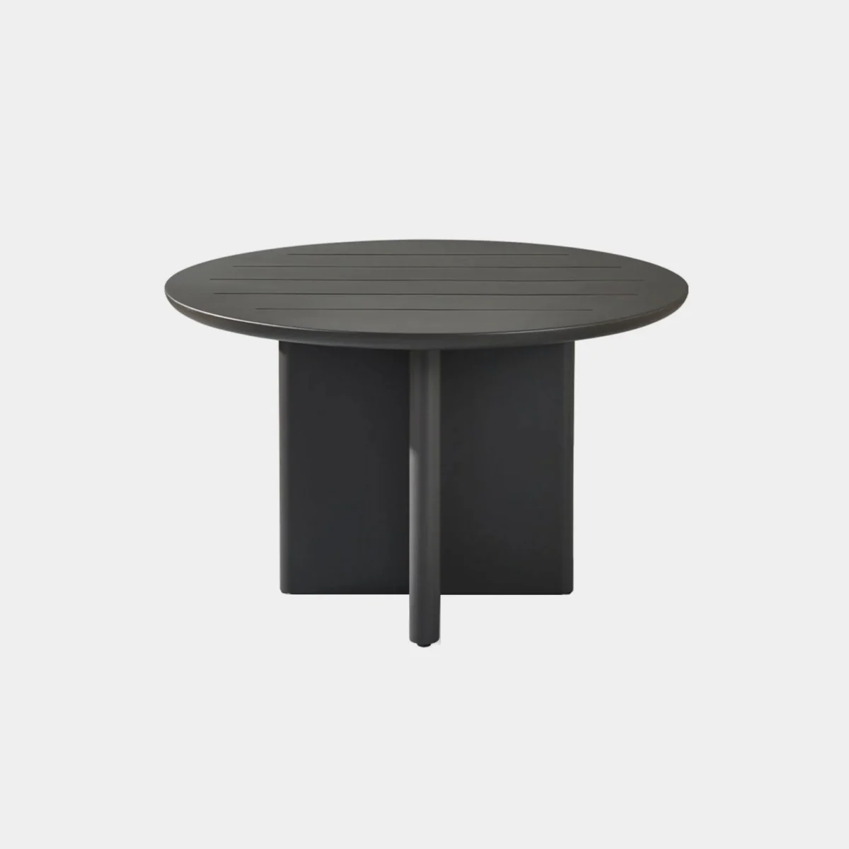 “Top view of 48-inch Victoria dining table – precision slatted aluminum surface in round profile”
