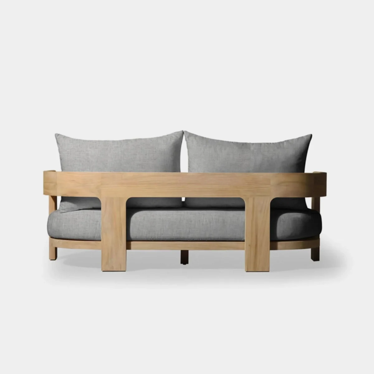 “Front view of Victoria Teak 2 Seat Sofa – minimalist teak outdoor seating with performance fabric cushions”